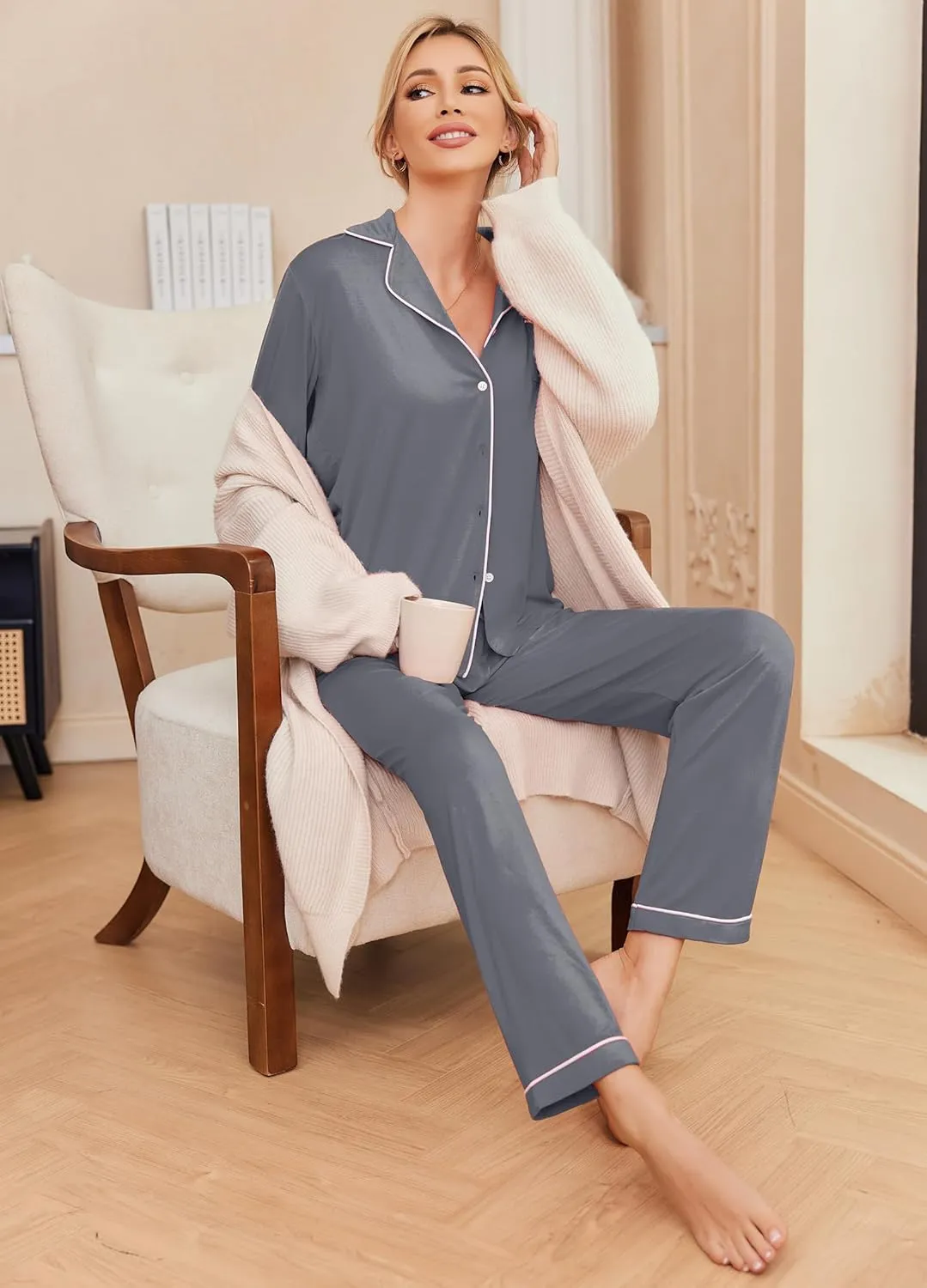 Ekouaer Pajamas Women's Long Sleeve Sleepwear Soft Button Down Loungewear Pjs Lounge Set Nightwear XS-XXL