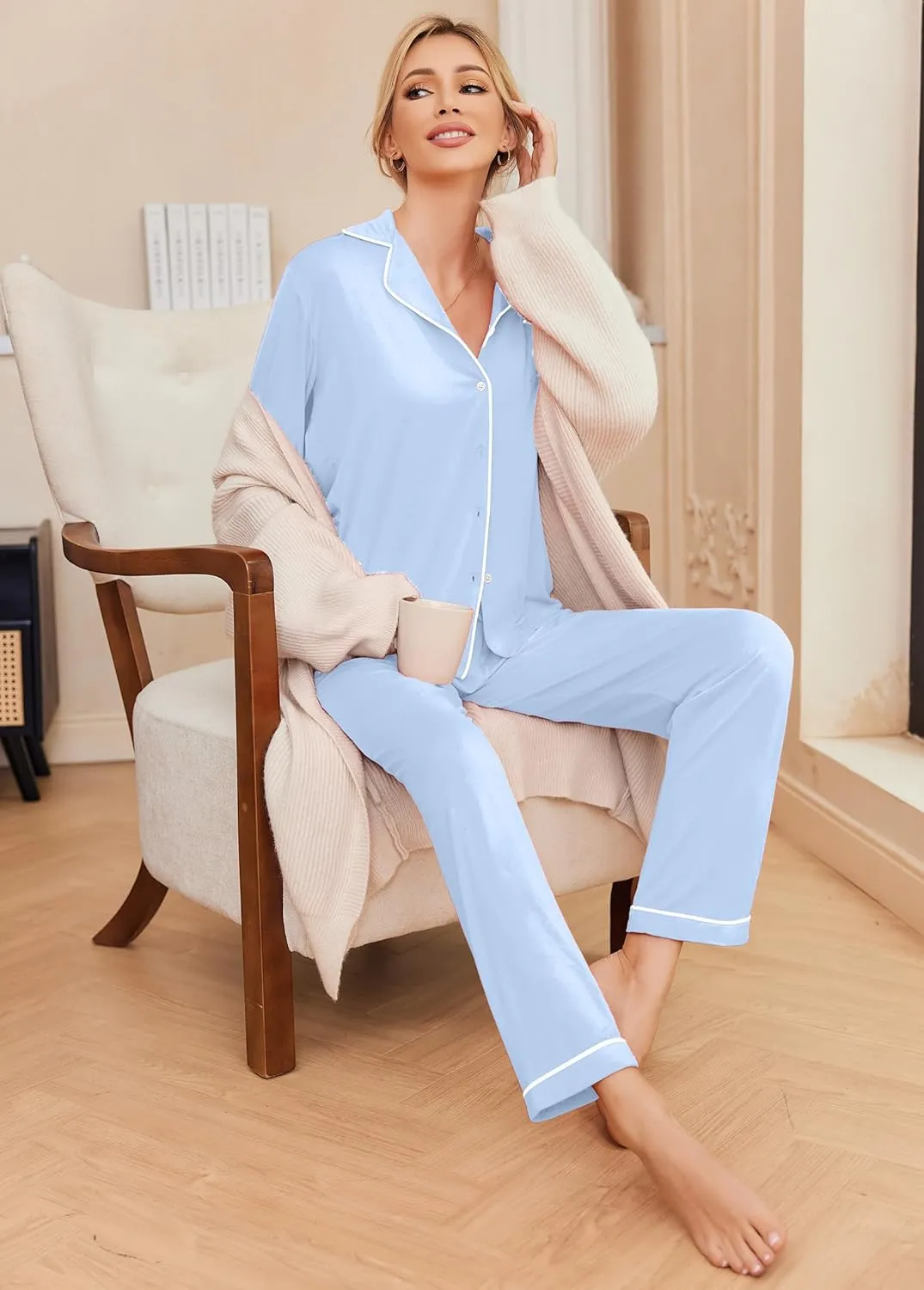 Ekouaer Pajamas Women's Long Sleeve Sleepwear Soft Button Down Loungewear Pjs Lounge Set Nightwear XS-XXL