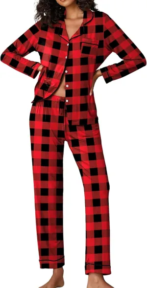 Ekouaer Pajamas Women's Long Sleeve Sleepwear Soft Button Down Loungewear Pjs Lounge Set Nightwear XS-XXL