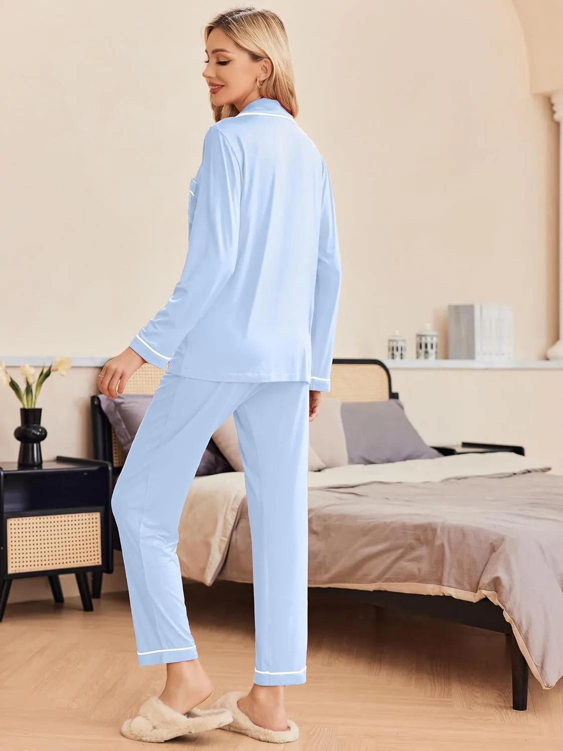Ekouaer Pajamas Women's Long Sleeve Sleepwear Soft Button Down Loungewear Pjs Lounge Set Nightwear XS-XXL
