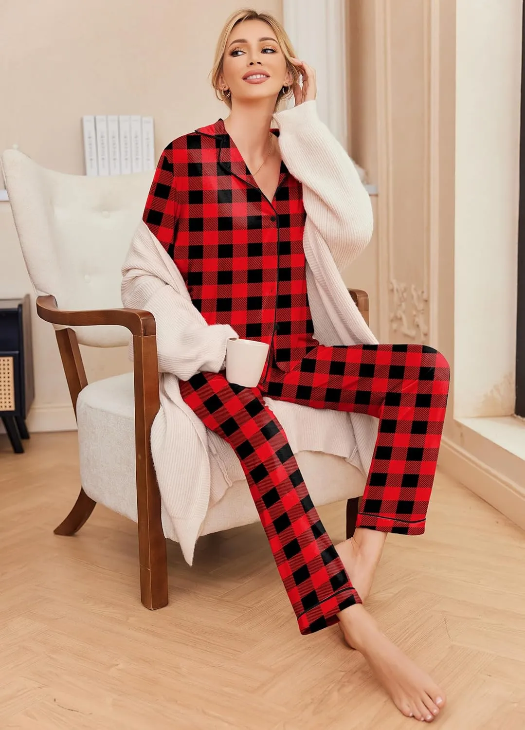 Ekouaer Pajamas Women's Long Sleeve Sleepwear Soft Button Down Loungewear Pjs Lounge Set Nightwear XS-XXL