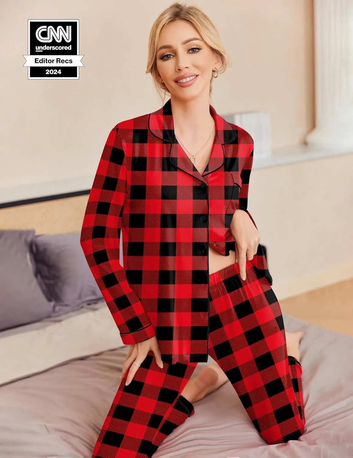 Ekouaer Pajamas Women's Long Sleeve Sleepwear Soft Button Down Loungewear Pjs Lounge Set Nightwear XS-XXL