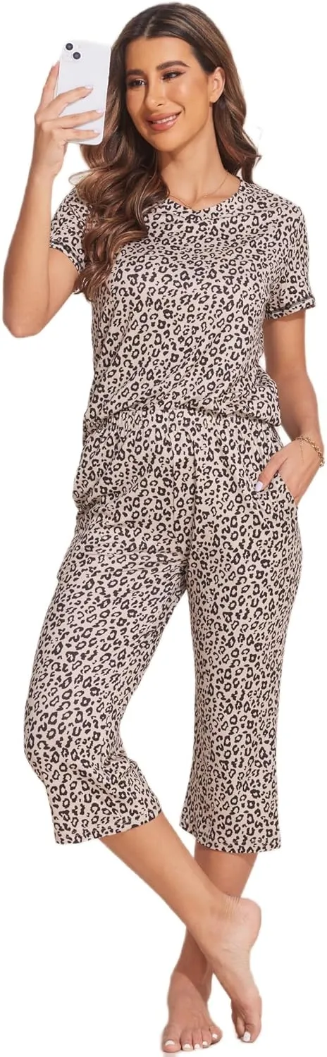 Ekouaer Women's Sleepwear Capri Pajama Sets Short Sleeve Two-Piece Pjs V Neck Tops & Capri Pants with Pockets S-3XL