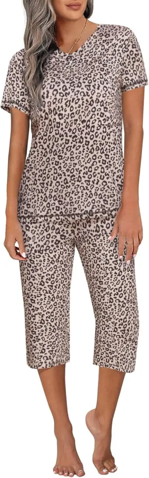 Ekouaer Women's Sleepwear Capri Pajama Sets Short Sleeve Two-Piece Pjs V Neck Tops & Capri Pants with Pockets S-3XL