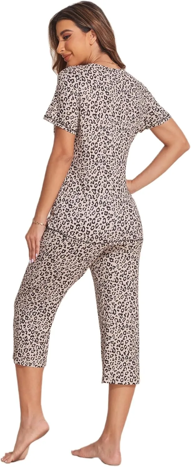 Ekouaer Women's Sleepwear Capri Pajama Sets Short Sleeve Two-Piece Pjs V Neck Tops & Capri Pants with Pockets S-3XL