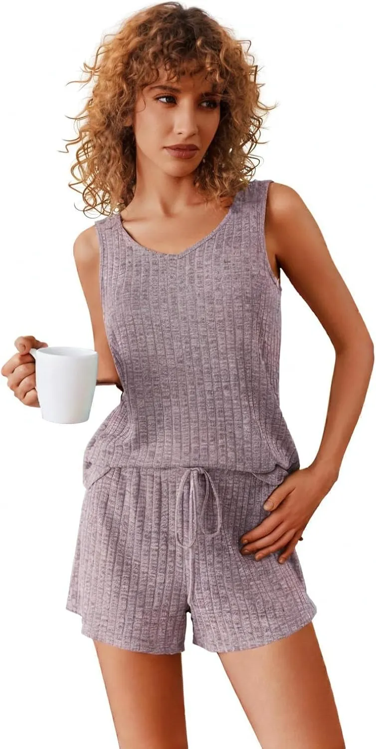 ELESOL Womens Ribbed Knit Lounge Set Sleeveless V Neck Sleepwear Pajama Set Two Piece Matching Outfits Set