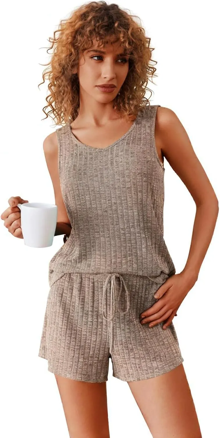 ELESOL Womens Ribbed Knit Lounge Set Sleeveless V Neck Sleepwear Pajama Set Two Piece Matching Outfits Set