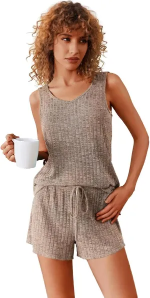 ELESOL Womens Ribbed Knit Lounge Set Sleeveless V Neck Sleepwear Pajama Set Two Piece Matching Outfits Set