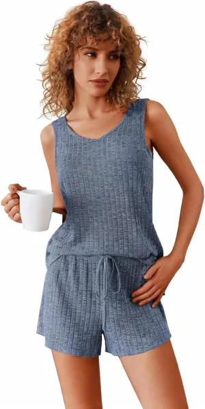 ELESOL Womens Ribbed Knit Lounge Set Sleeveless V Neck Sleepwear Pajama Set Two Piece Matching Outfits Set