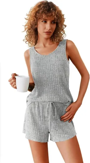 ELESOL Womens Ribbed Knit Lounge Set Sleeveless V Neck Sleepwear Pajama Set Two Piece Matching Outfits Set