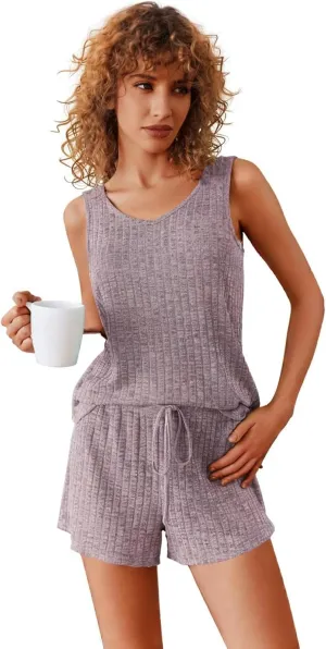 ELESOL Womens Ribbed Knit Lounge Set Sleeveless V Neck Sleepwear Pajama Set Two Piece Matching Outfits Set