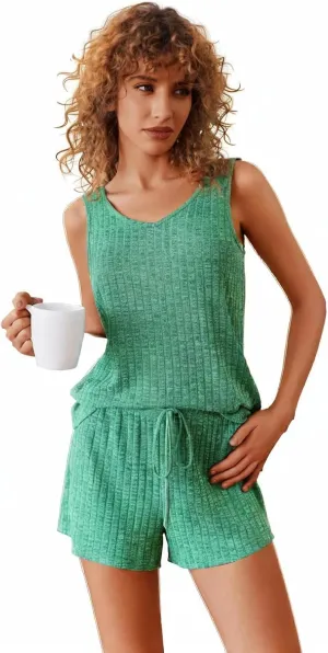 ELESOL Womens Ribbed Knit Lounge Set Sleeveless V Neck Sleepwear Pajama Set Two Piece Matching Outfits Set