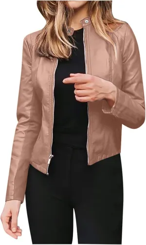 Faux Leather Jacket Women Fashion Motorcycle Jacket Lightweight Zip Up Cropped Jackets Slim Pu Coat Moto Biker Jacket