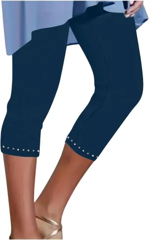 Finelylove Capri Leggings for Women Tummy Control High Waist Yoga Pants Summer Dressy Rhinestone Cropped Compression Leggings