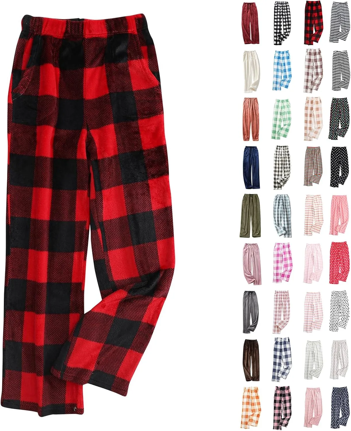 Flannel Pajamas Women Plush Pajama Pants Buffalo Plaid Comfy Soft Pajamas Pants Lounge Stretch Wide Leg Bottoms