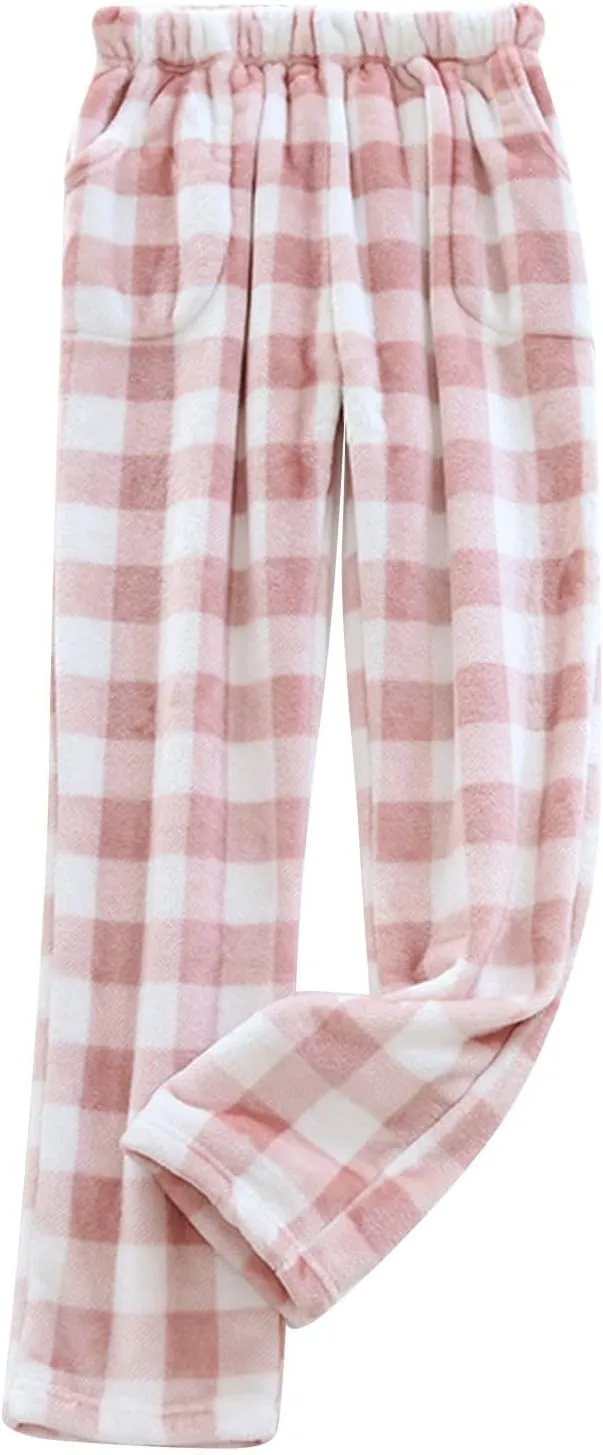 Flannel Pajamas Women Plush Pajama Pants Buffalo Plaid Comfy Soft Pajamas Pants Lounge Stretch Wide Leg Bottoms