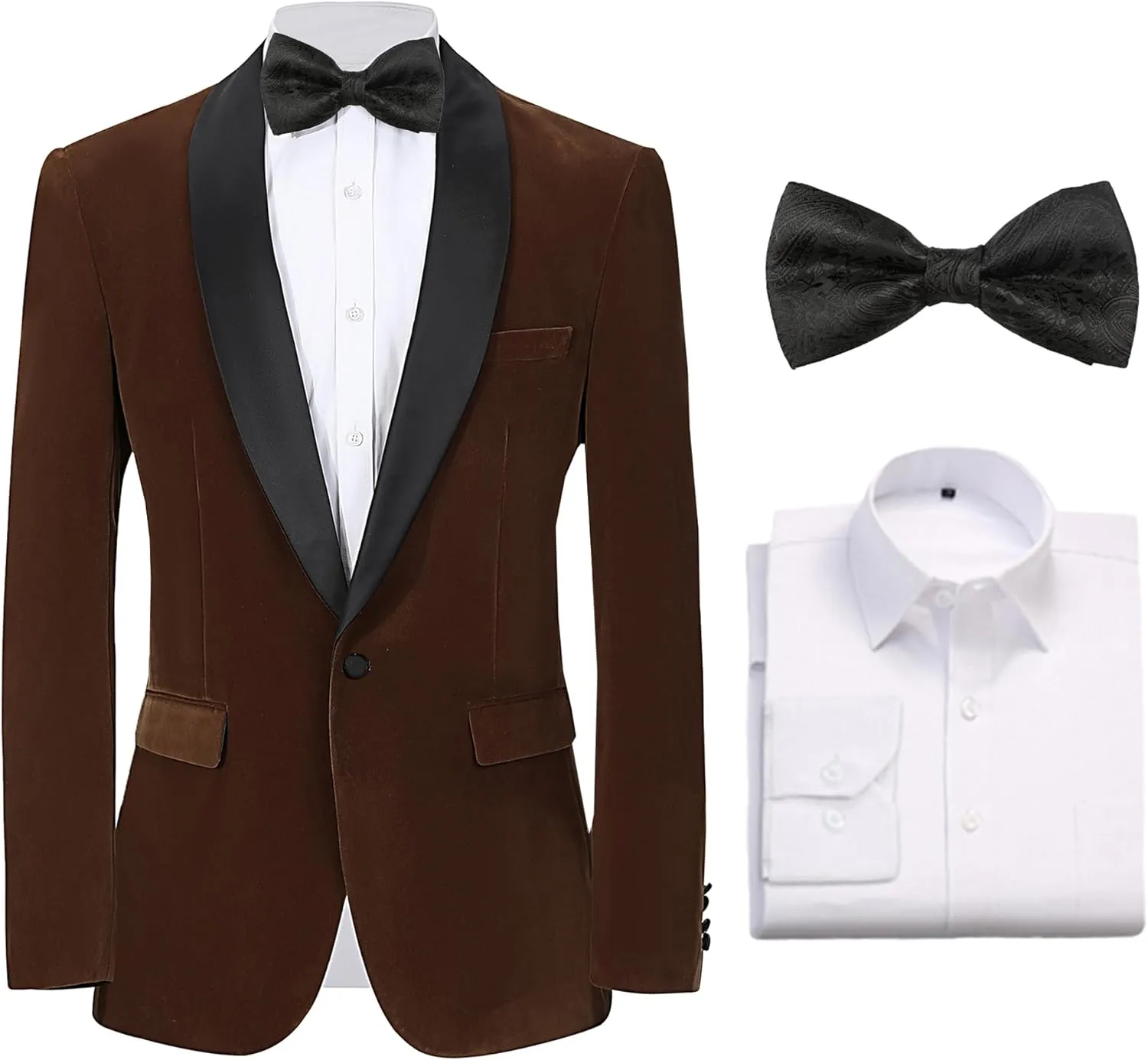 Formal Blazer for Men Slim Fit Tuxedo Jacket Velvet Shawl Lapel Solid White Shirt Bow Tie Prom Wedding Dinner Party