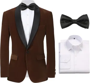 Formal Blazer for Men Slim Fit Tuxedo Jacket Velvet Shawl Lapel Solid White Shirt Bow Tie Prom Wedding Dinner Party