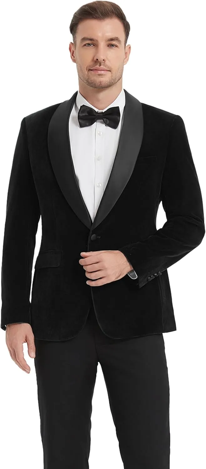 Formal Blazer for Men Slim Fit Tuxedo Jacket Velvet Shawl Lapel Solid White Shirt Bow Tie Prom Wedding Dinner Party