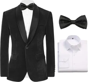 Formal Blazer for Men Slim Fit Tuxedo Jacket Velvet Shawl Lapel Solid White Shirt Bow Tie Prom Wedding Dinner Party