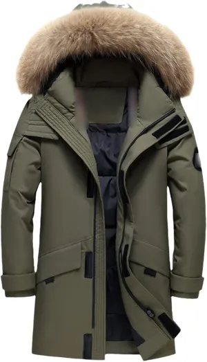 Fur Collar Men's Down Jacket Hooded Warm Winter Coat Warm 90% White Duck Down Long Parka