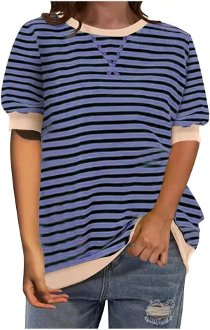 Generic Women Oversized Striped Color Block Short Sleeve Tee Top Crew Neck Basic Pullover Blouse Casual Summer T-Shirt