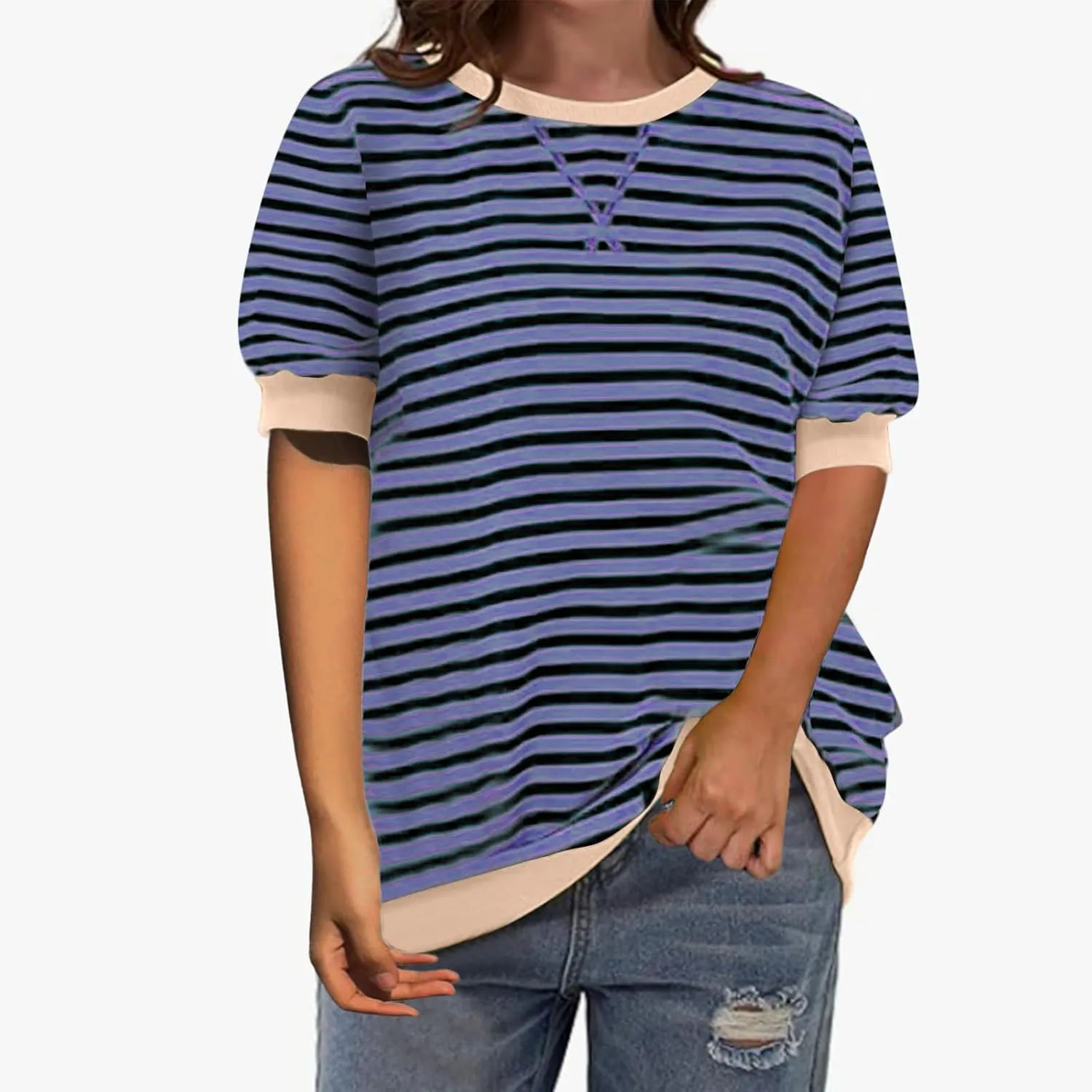 Generic Women Oversized Striped Color Block Short Sleeve Tee Top Crew Neck Basic Pullover Blouse Casual Summer T-Shirt