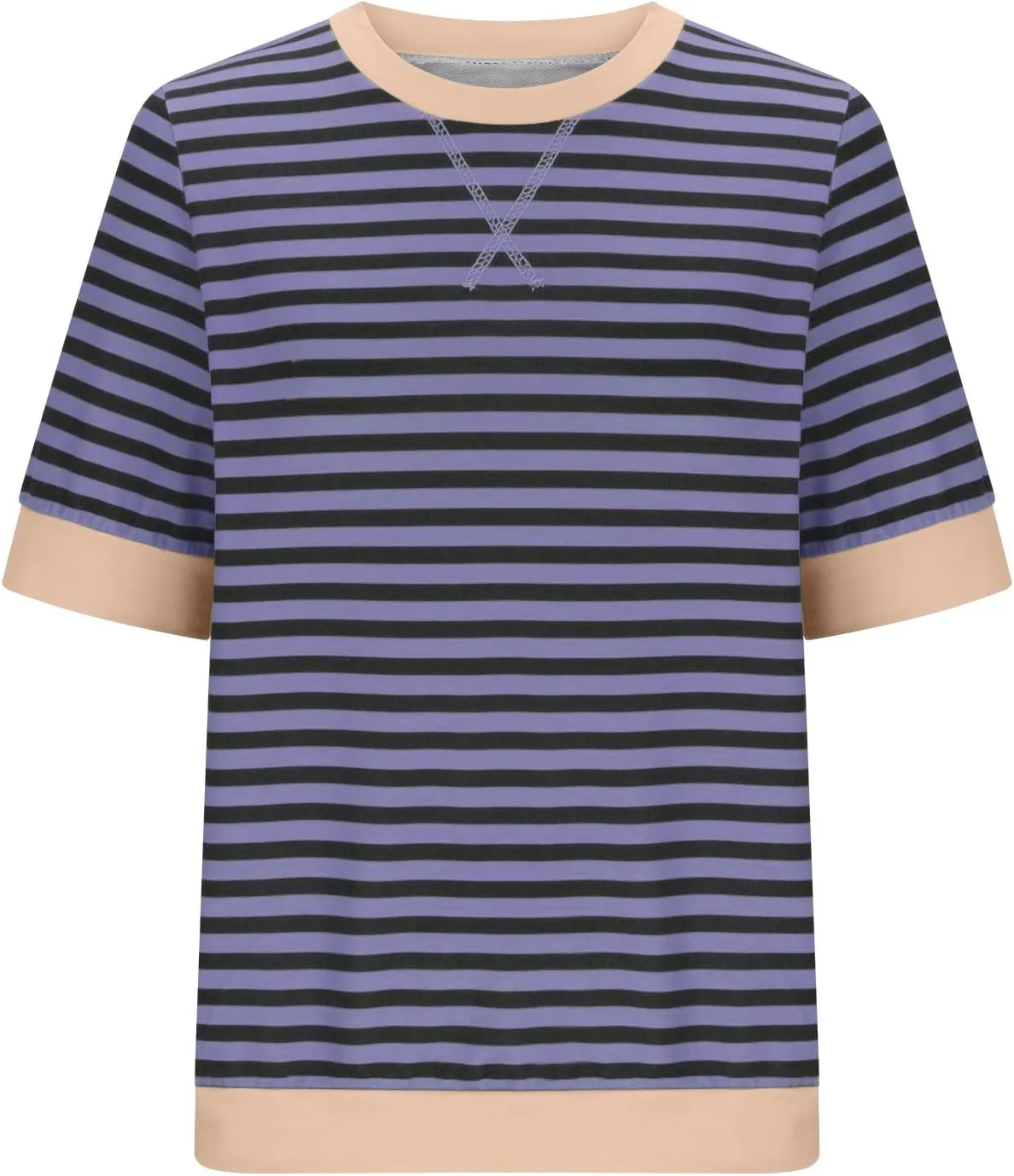 Generic Women Oversized Striped Color Block Short Sleeve Tee Top Crew Neck Basic Pullover Blouse Casual Summer T-Shirt