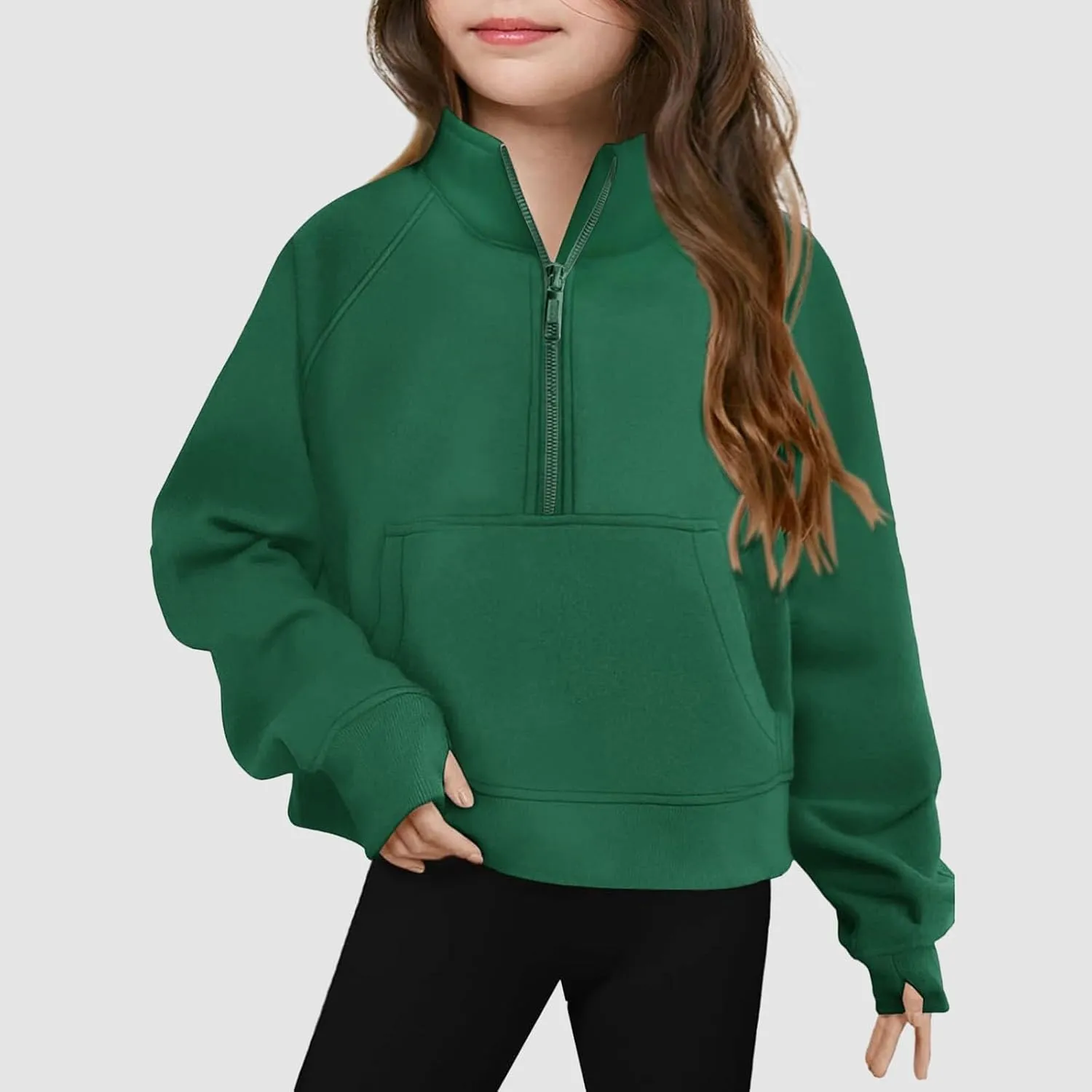 Girls Half Zip Cropped Sweatshirts Long Sleeve Pullover Crop Tops Kids Girls Trendy Preppy Sweatshirt with Thumb Hole
