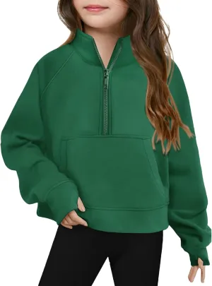 Girls Half Zip Cropped Sweatshirts Long Sleeve Pullover Crop Tops Kids Girls Trendy Preppy Sweatshirt with Thumb Hole
