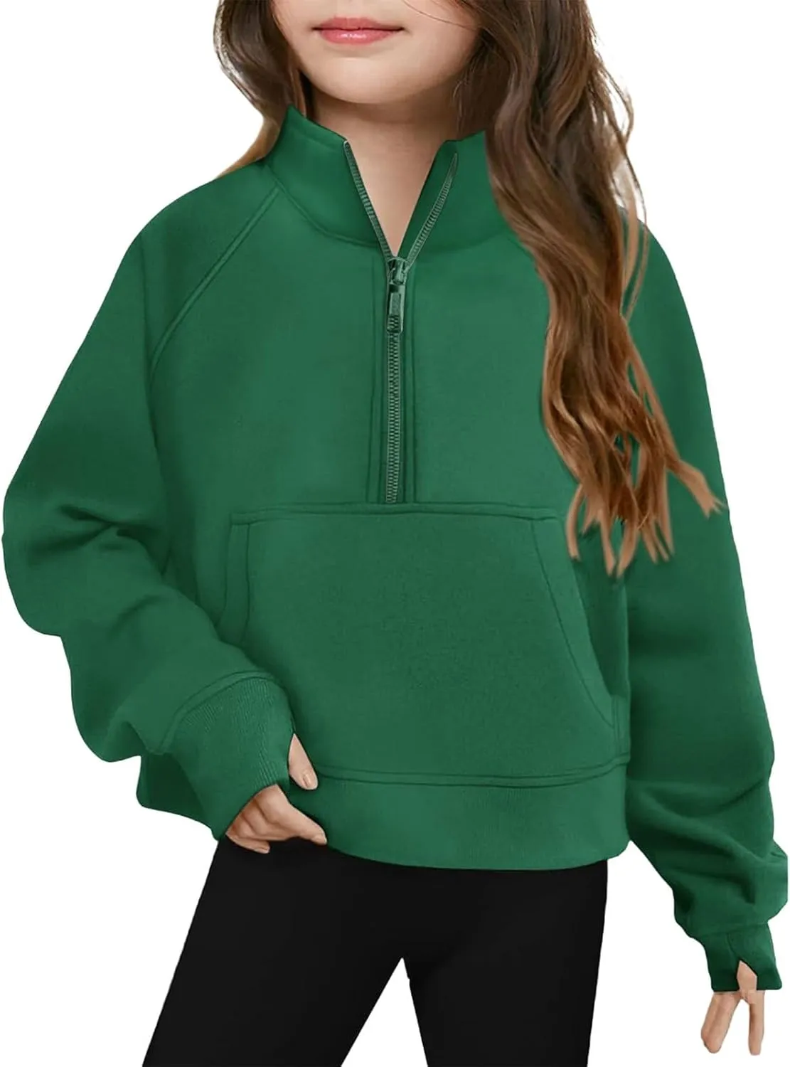 Girls Half Zip Cropped Sweatshirts Long Sleeve Pullover Crop Tops Kids Girls Trendy Preppy Sweatshirt with Thumb Hole