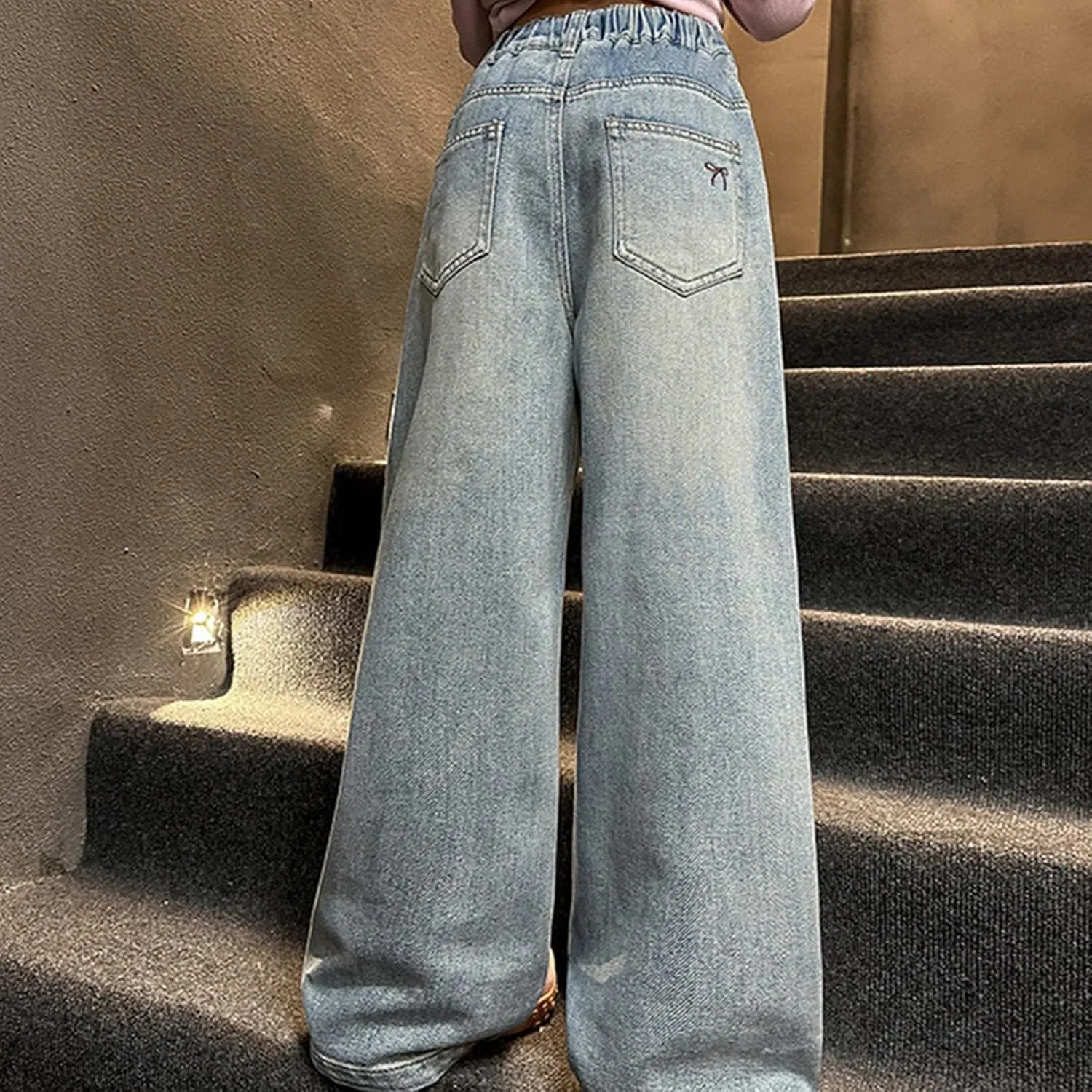 Girls Wide Leg Jeans Denim Elastic Wasit Mushroom Applique Y2k Street Pants Fashion Baggy Straight Trousers Kids Clothes