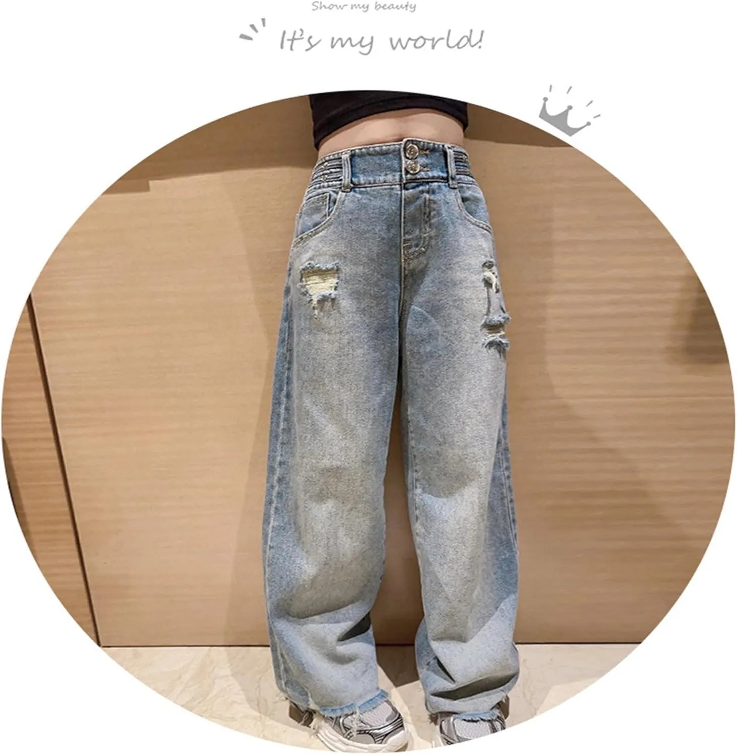 Girls Wide Leg Jeans Denim Elastic Wasit Mushroom Applique Y2k Street Pants Fashion Baggy Straight Trousers Kids Clothes