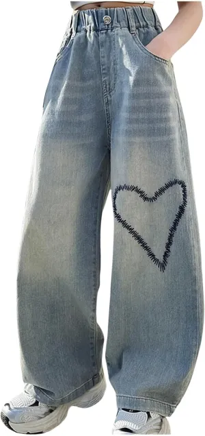 Girls Wide Leg Jeans Denim Elastic Wasit Mushroom Applique Y2k Street Pants Fashion Baggy Straight Trousers Kids Clothes