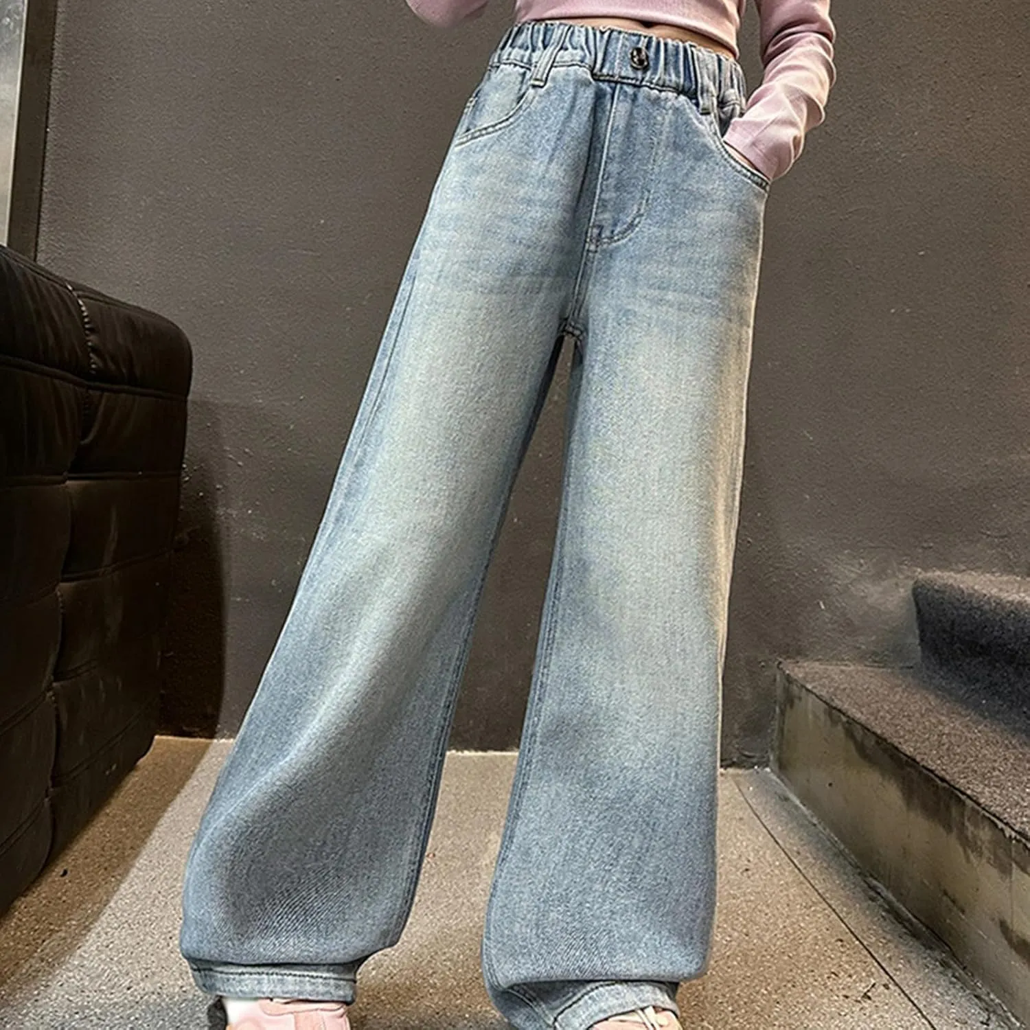 Girls Wide Leg Jeans Denim Elastic Wasit Mushroom Applique Y2k Street Pants Fashion Baggy Straight Trousers Kids Clothes