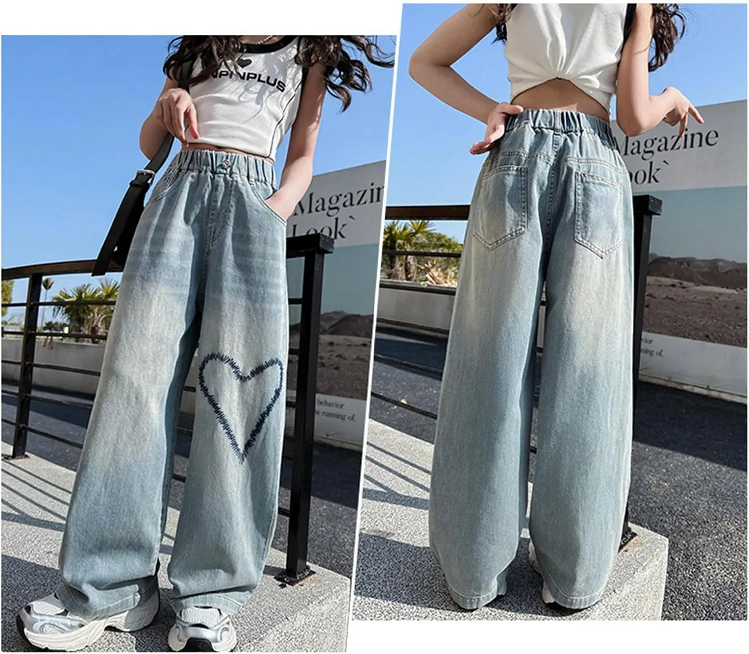 Girls Wide Leg Jeans Denim Elastic Wasit Mushroom Applique Y2k Street Pants Fashion Baggy Straight Trousers Kids Clothes
