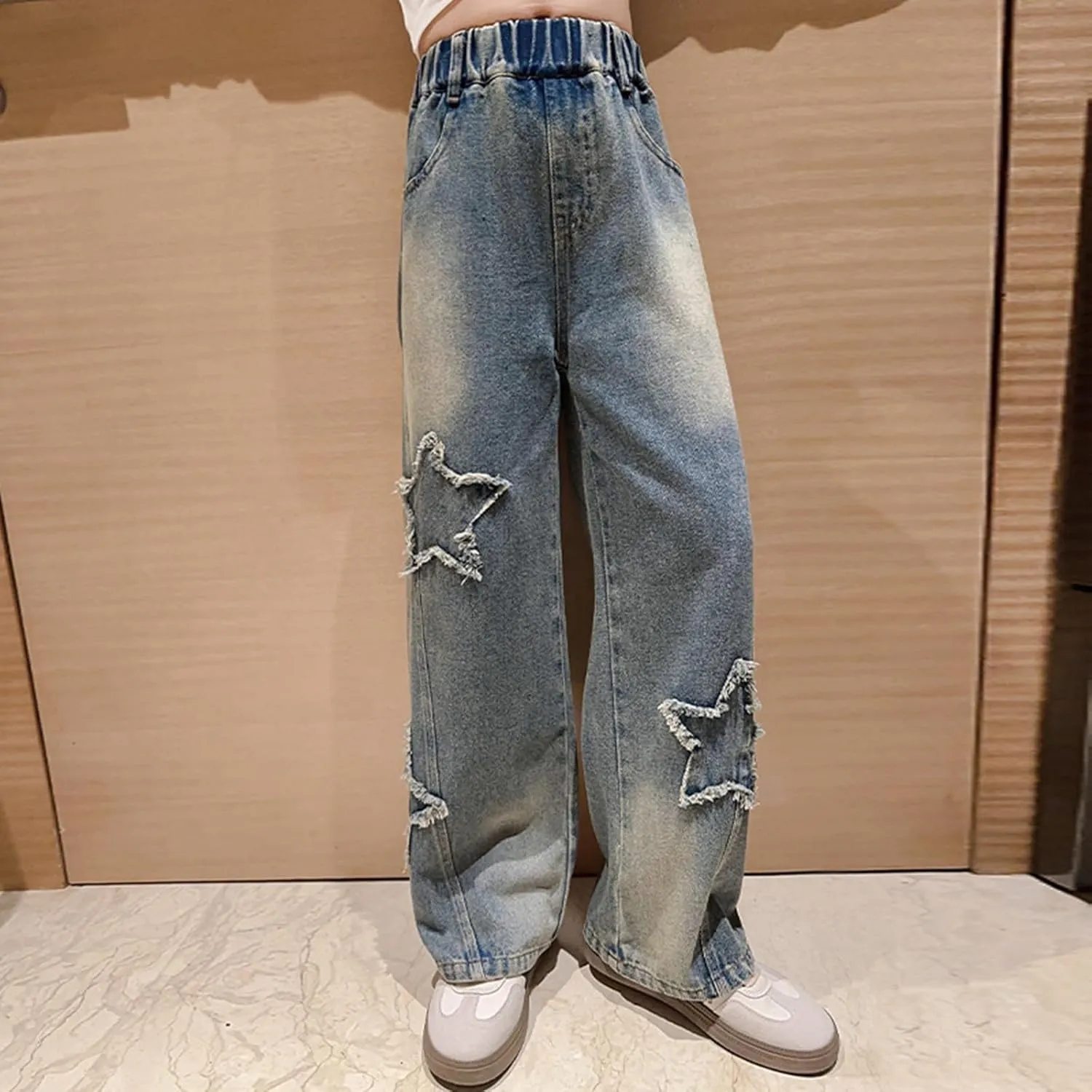 Girls Wide Leg Jeans Denim Elastic Wasit Mushroom Applique Y2k Street Pants Fashion Baggy Straight Trousers Kids Clothes