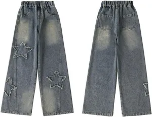 Girls Wide Leg Jeans Denim Elastic Wasit Mushroom Applique Y2k Street Pants Fashion Baggy Straight Trousers Kids Clothes