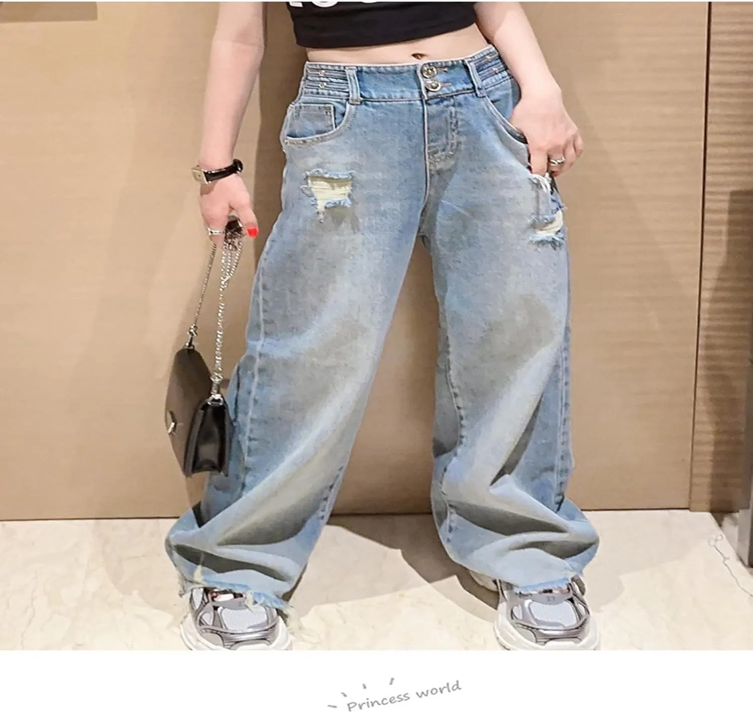 Girls Wide Leg Jeans Denim Elastic Wasit Mushroom Applique Y2k Street Pants Fashion Baggy Straight Trousers Kids Clothes