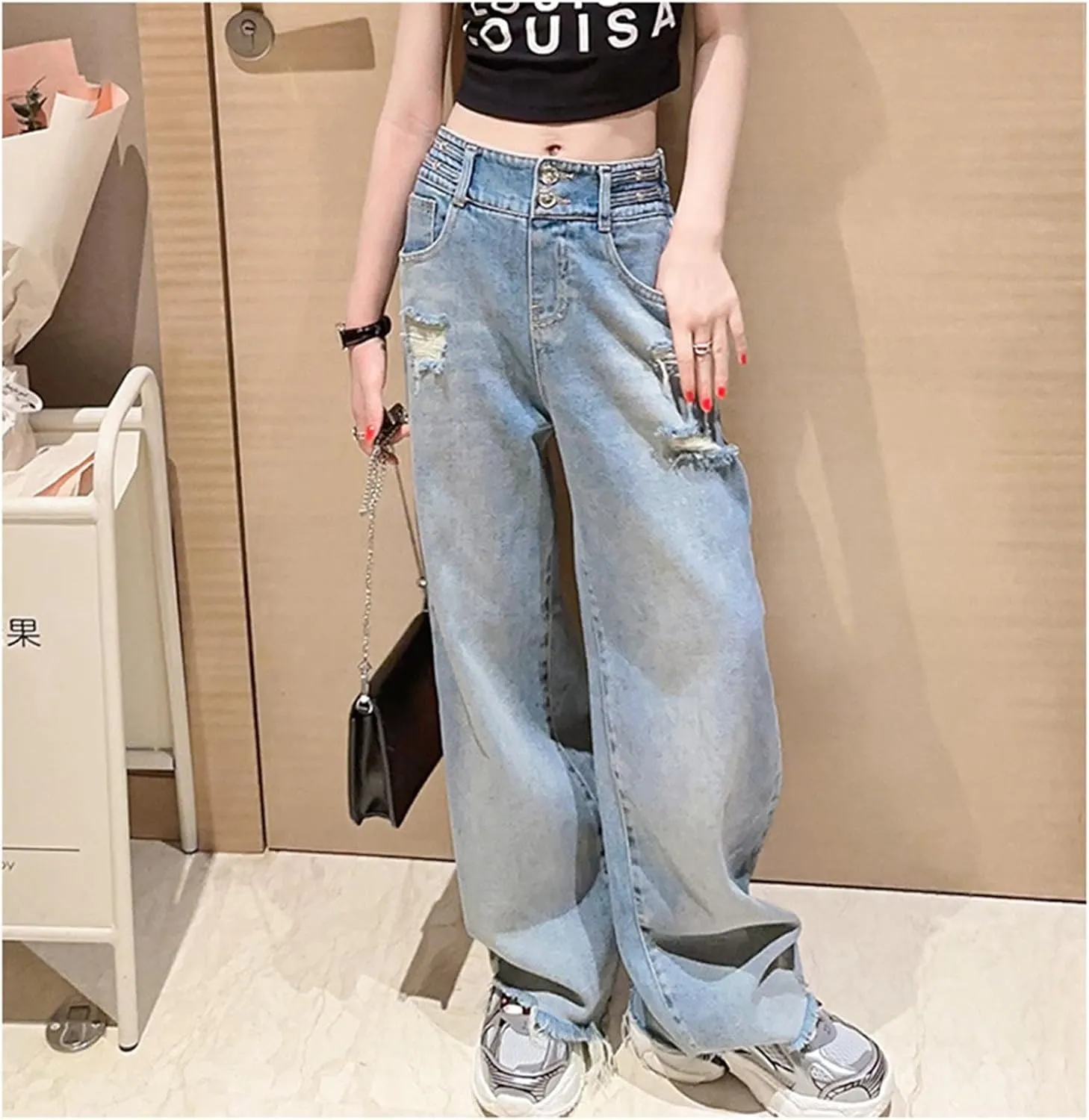 Girls Wide Leg Jeans Denim Elastic Wasit Mushroom Applique Y2k Street Pants Fashion Baggy Straight Trousers Kids Clothes