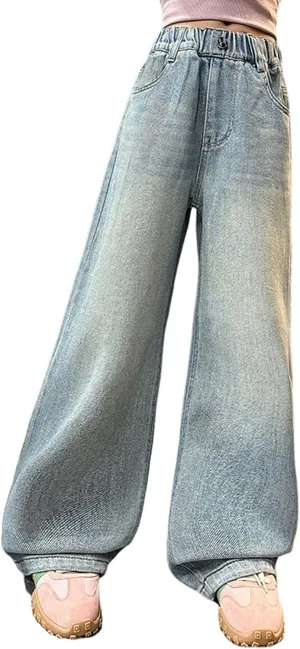 Girls Wide Leg Jeans Denim Elastic Wasit Mushroom Applique Y2k Street Pants Fashion Baggy Straight Trousers Kids Clothes