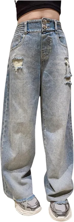 Girls Wide Leg Jeans Denim Elastic Wasit Mushroom Applique Y2k Street Pants Fashion Baggy Straight Trousers Kids Clothes