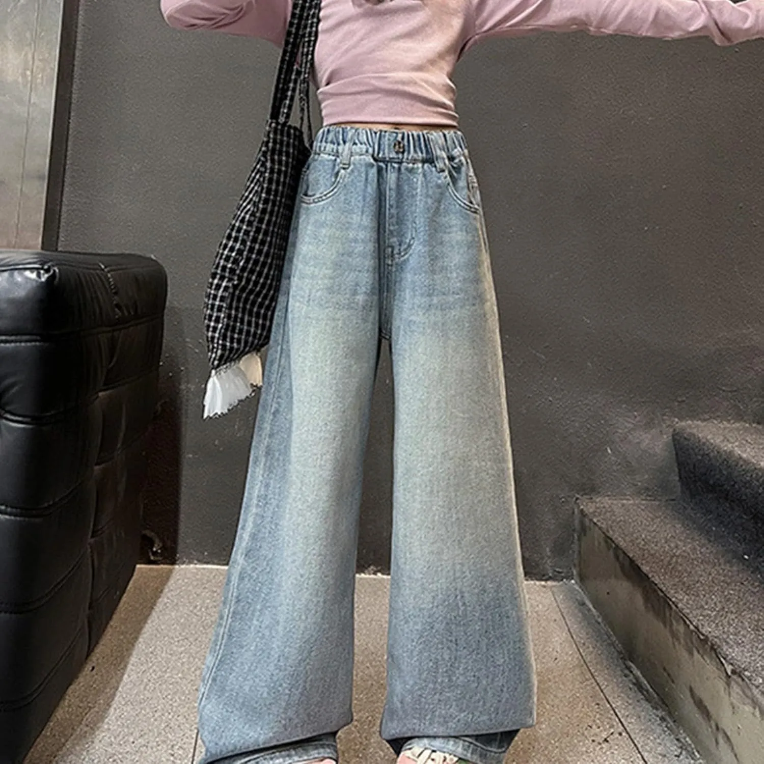 Girls Wide Leg Jeans Denim Elastic Wasit Mushroom Applique Y2k Street Pants Fashion Baggy Straight Trousers Kids Clothes
