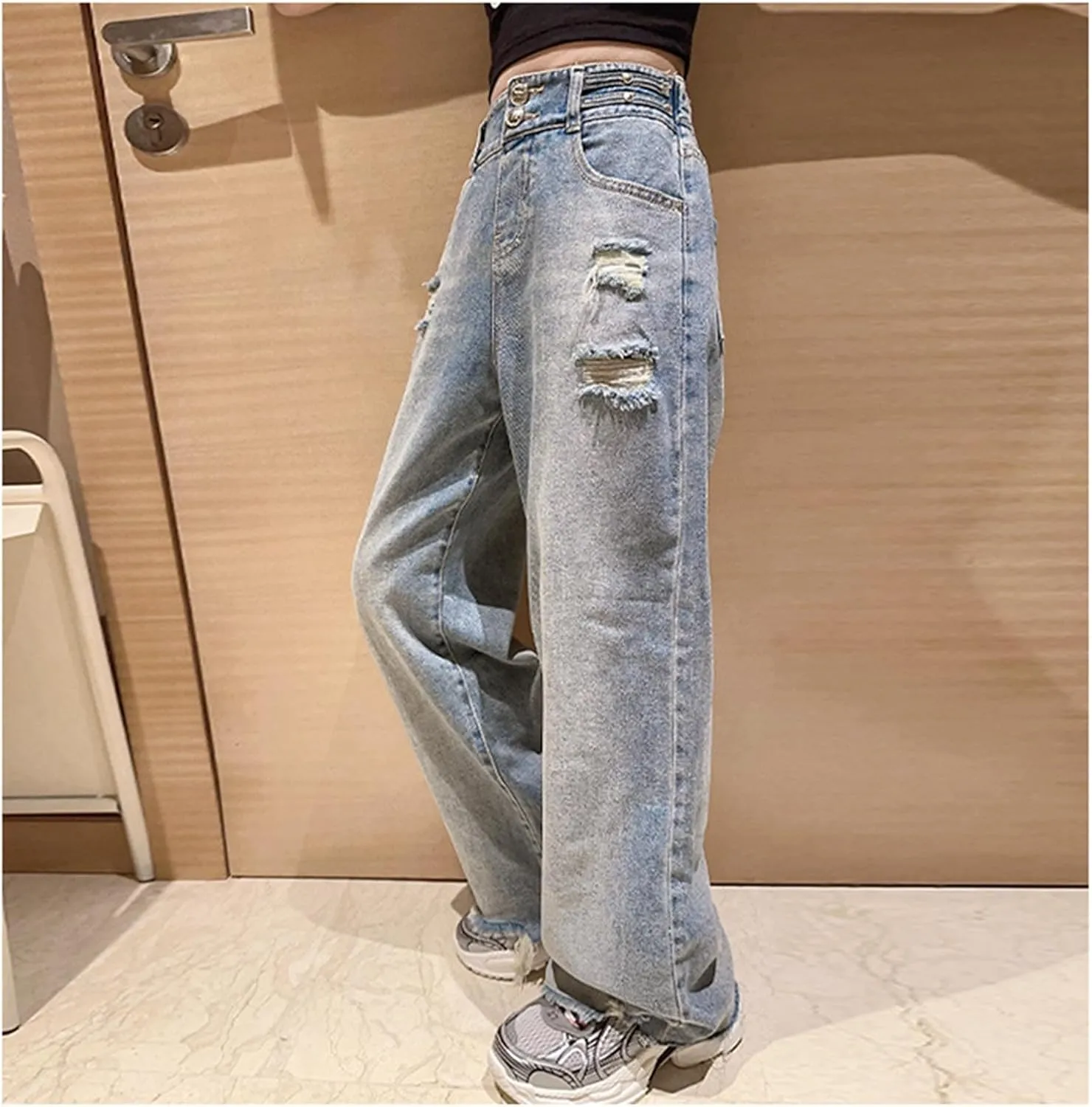 Girls Wide Leg Jeans Denim Elastic Wasit Mushroom Applique Y2k Street Pants Fashion Baggy Straight Trousers Kids Clothes