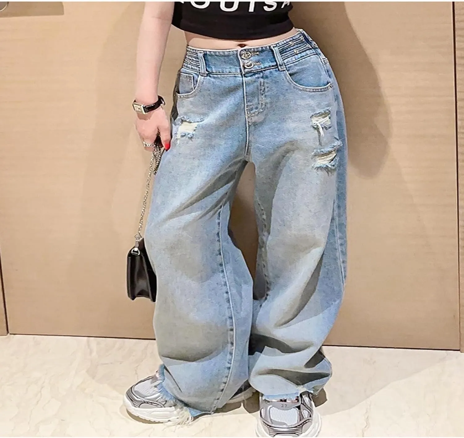 Girls Wide Leg Jeans Denim Elastic Wasit Mushroom Applique Y2k Street Pants Fashion Baggy Straight Trousers Kids Clothes