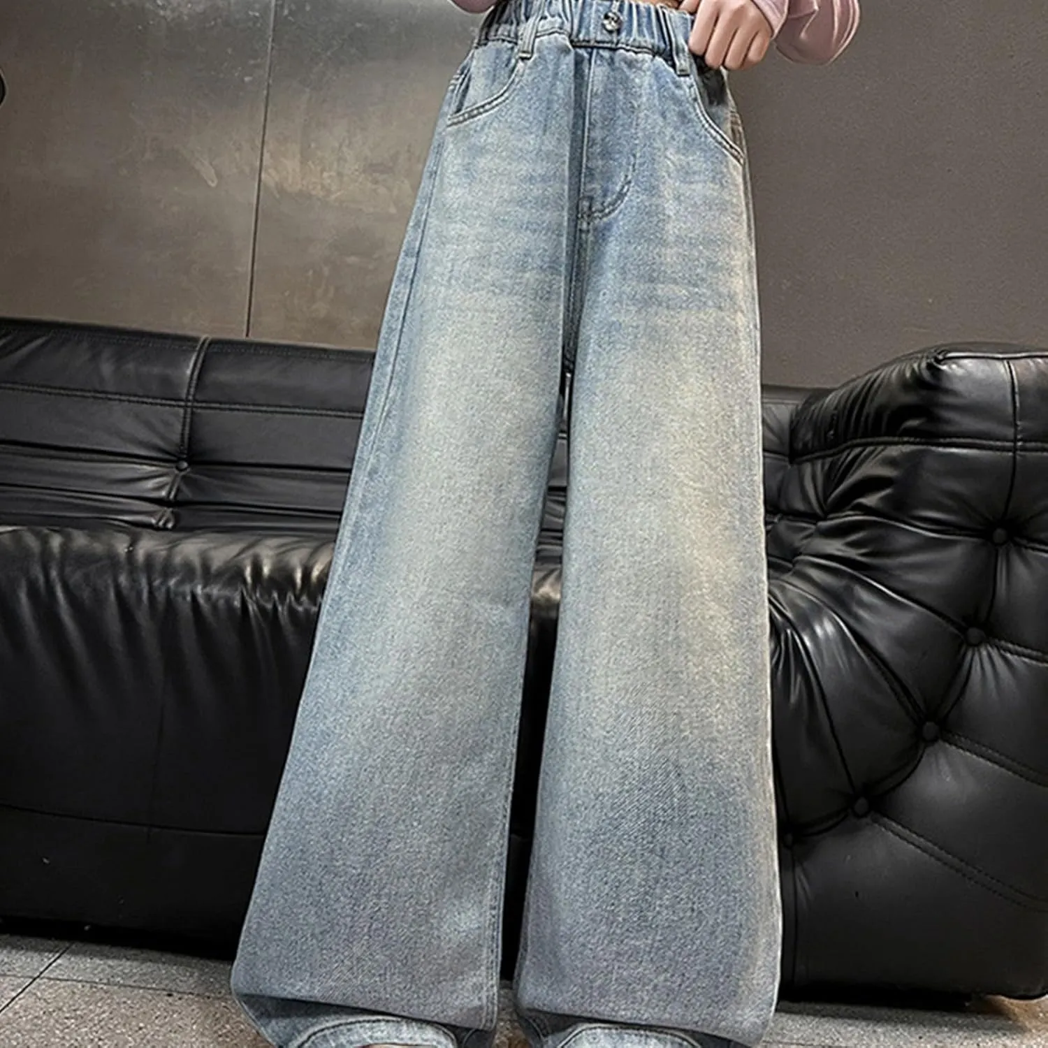 Girls Wide Leg Jeans Denim Elastic Wasit Mushroom Applique Y2k Street Pants Fashion Baggy Straight Trousers Kids Clothes