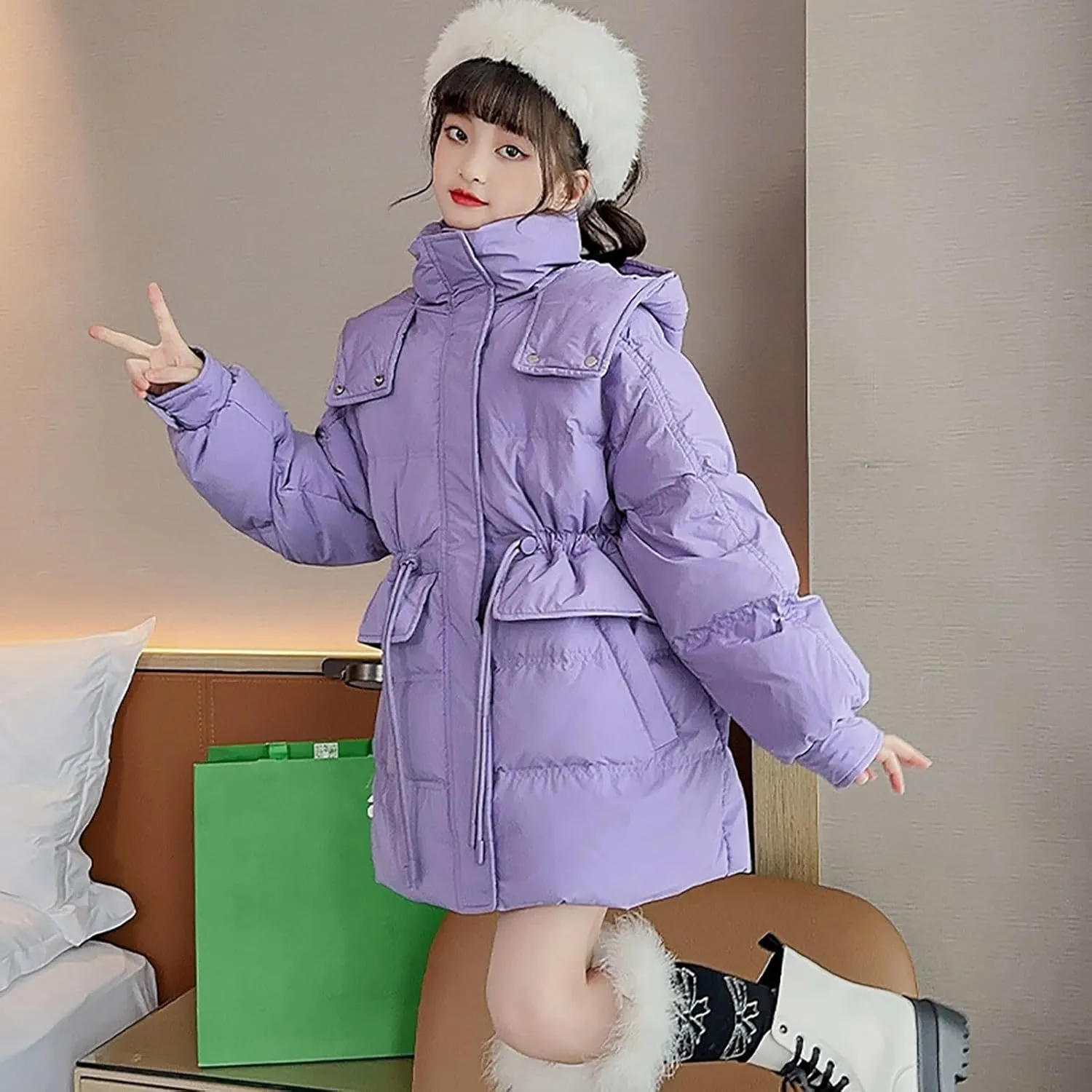 Girl's Winter Coats Outerwear Down Puffer Jacket with Warm Furry Hood Parka Warm Puffer Jacket