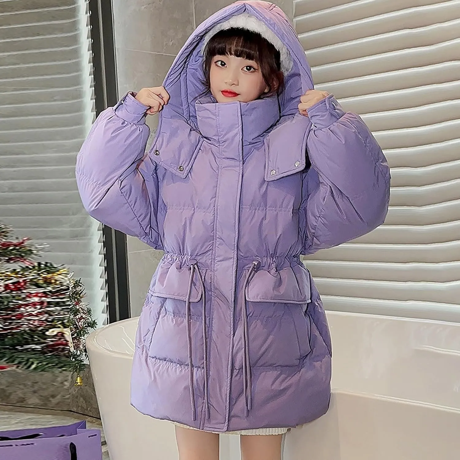 Girl's Winter Coats Outerwear Down Puffer Jacket with Warm Furry Hood Parka Warm Puffer Jacket