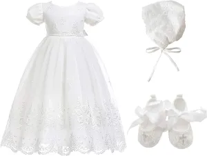 Glamulice Baby-Girls Newborn Satin Christening Baptism Floral Embroidered Dress Gown Outfit