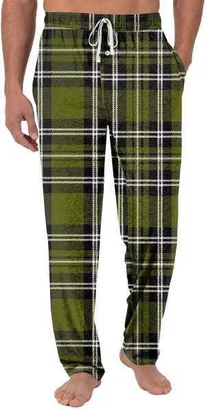 GOFULY Pajama Pants Men Warm Plaid Pajamas Pj Pants Elastic Waist Drawstring Knit Pants Comfy Sleepwear Pants With Pocketd